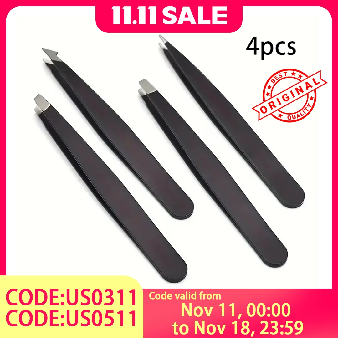 Juego de pinzas para cejas profesionales de acero inoxidable de 4 piezas, puntas planas y de hoja de punta inclinada para el cuidado de precisión con estuche de viaje