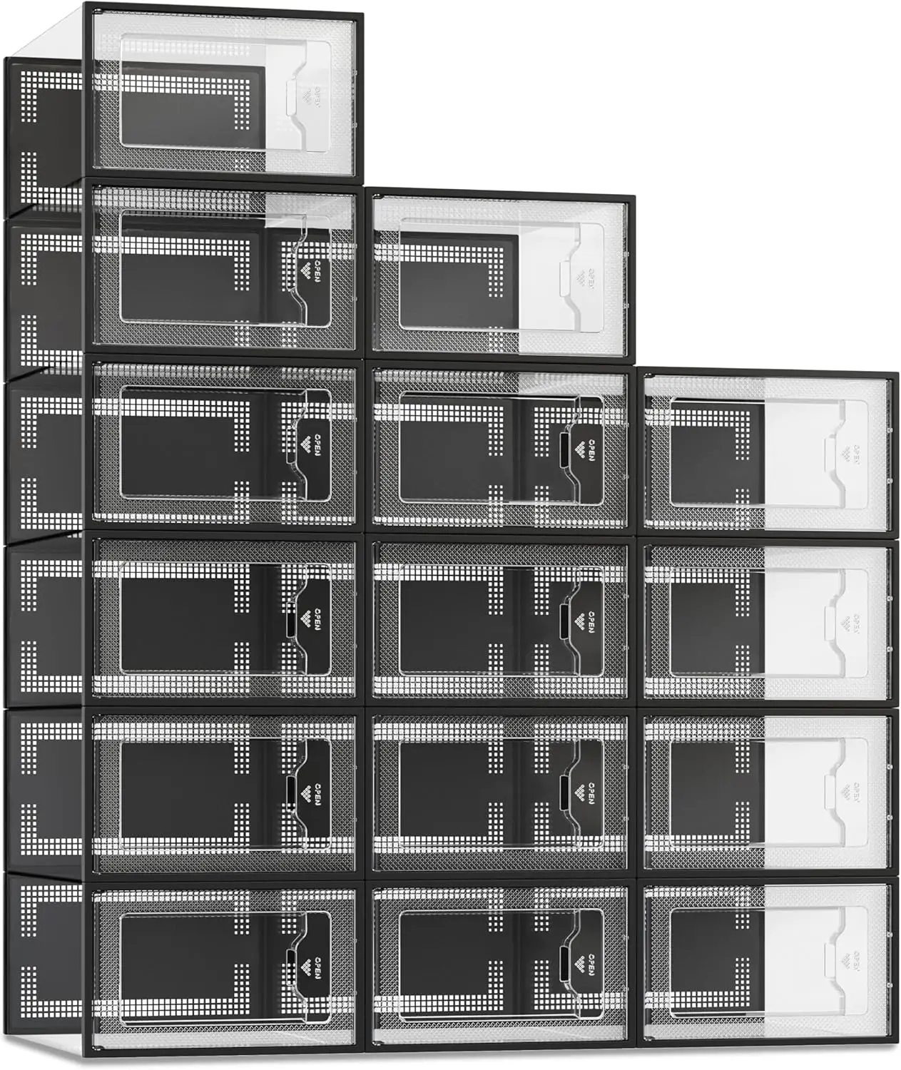 

X-Large Clear Plastic Stackable Shoe Storage Box, Fits Size 11, Foldable Organizer for Closet Space Saving, 15 Pack Black