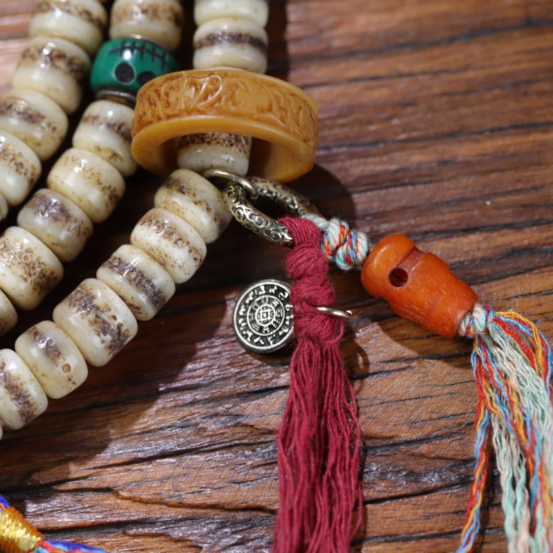 -style cow bone bead multi-loop bracelet necklace, Tibetan 108 Buddhist beads with turquoise and Sher