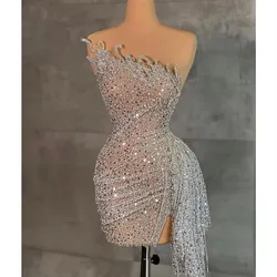 Sparkly Short Evening Dresses Bateau Sleeveless Sequins Beaded Shiny Lace Sexy Appliques Diamonds Thigh Prom Dresses Custom Made
