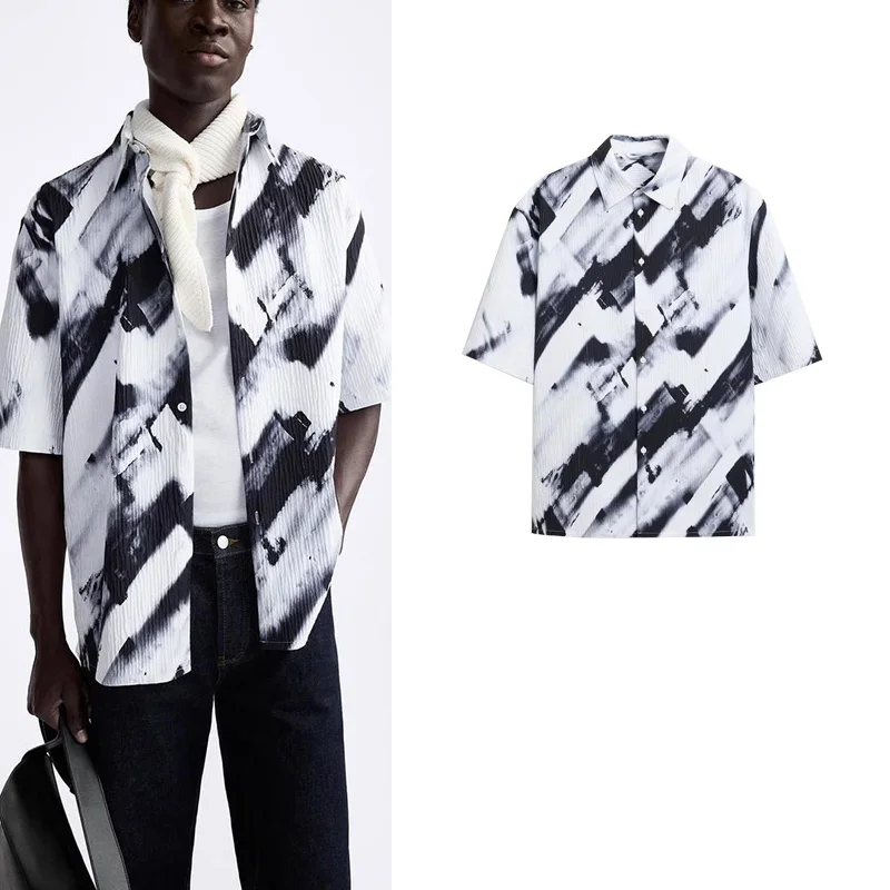

Summer New Loose Casual ort Sve irt Men's Printed Wrinkle Stripe Top Comfortable Breathable Faionable Summer Wear