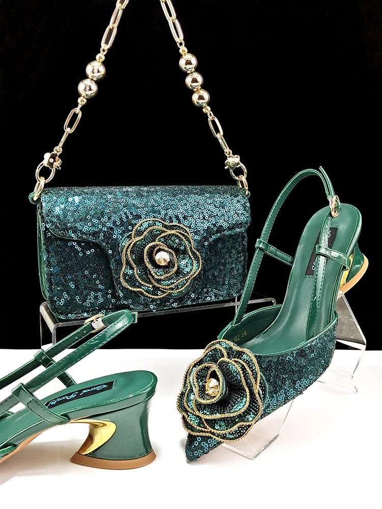 Nigerian High-end Women Shoes and Bag Paired with Sequined Handbags Mid-heeled Shoes From the Workplace to Banquets Or Wedding