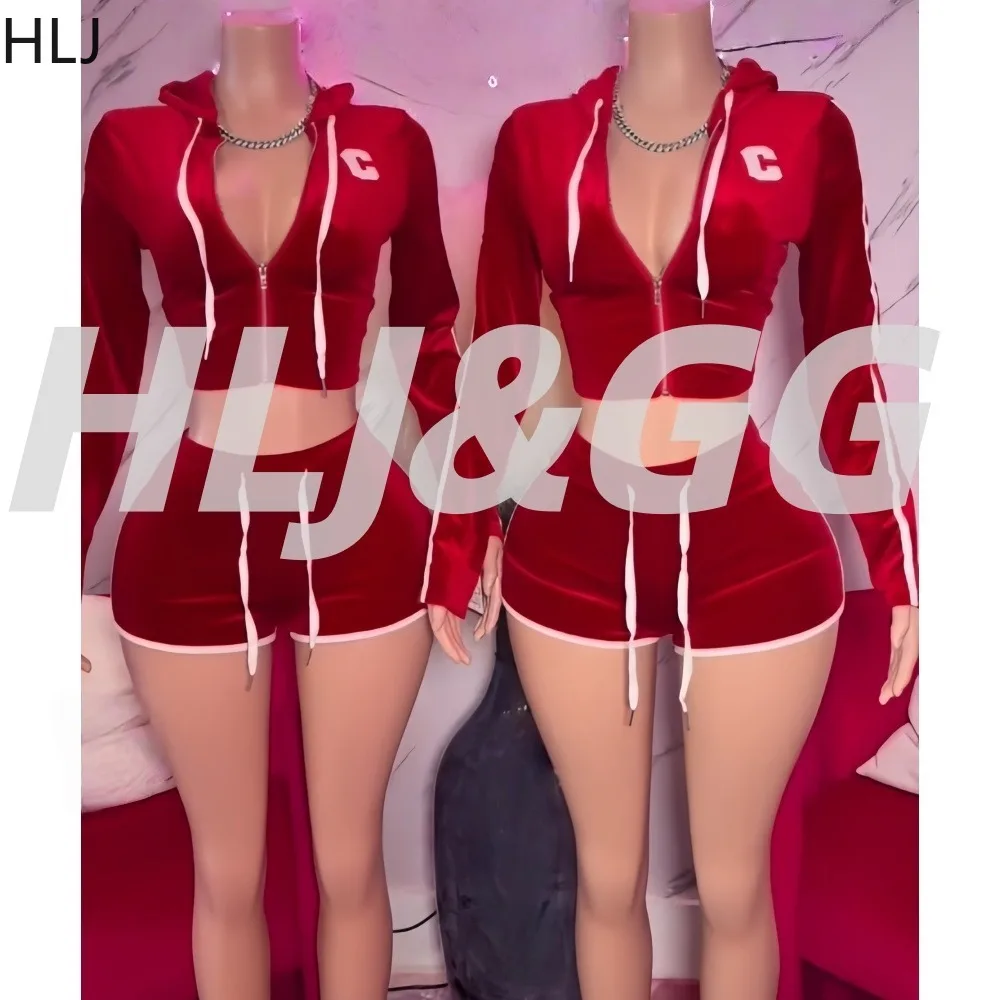

HLJ Y2K Sexy 2 Piece Set Women Outfits Zip Embroidery Letter Hooded Jacket + Shorts Matching Female Streetwear Clothing 2025 New
