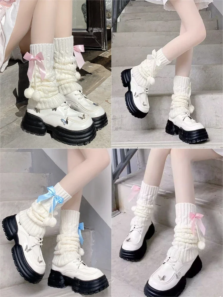 

Women's Cute Bow Pom-pom Lolita Leg Warmers Japanese Style Autumn and Winter Knitted JK Leg Covers Y2k Subculture Stacking Socks