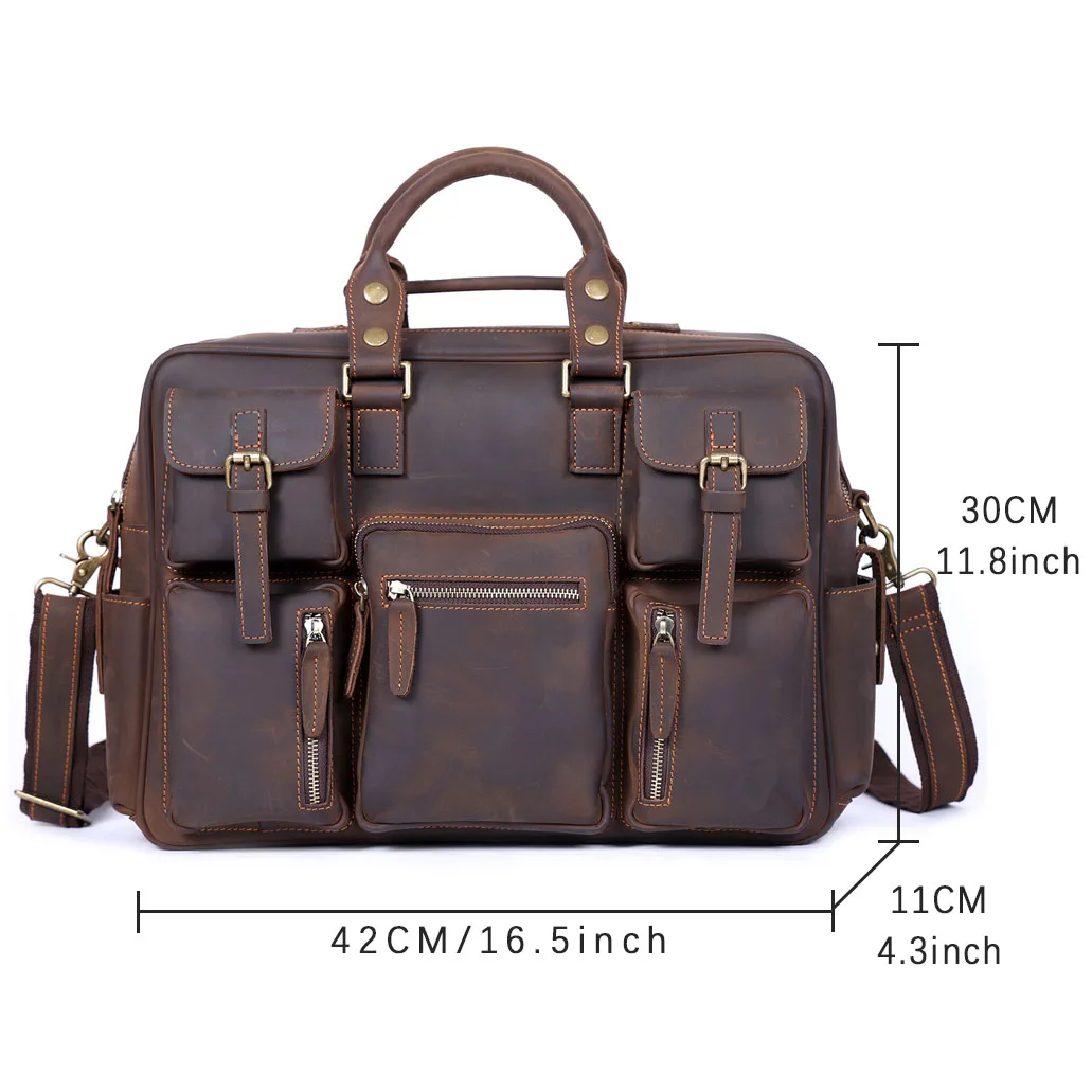 Vintage Herren-Aktentasche aus Vollnarbenleder, 16 Zoll Laptop-Umhängetasche, Echtes Leder, Business-Reisetasche, Crazy Horse Leder – Detail 2