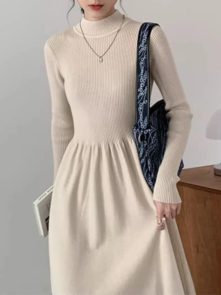 Knitted Sweater Dress Women Autumn Winter Casual Long Sleeve Turtleneck Dress Female French Elegant Fashion Solid Long Dresses