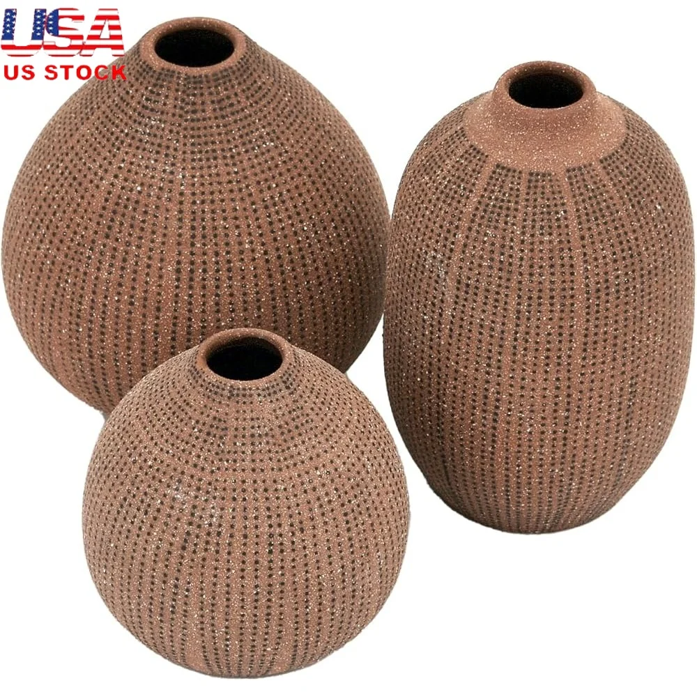 

Set of 3 Round Stoneware Vases Textured Blush Home Décor Bud Vases Boho Style Unique Design Decorative Centerpieces