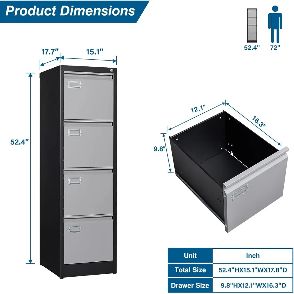 4 Drawer File Cabinet, Vertical Filing Cabinets with Lock, Metal File Cabinets for Home Office, Anti-Tip 4 Storage Drawers
