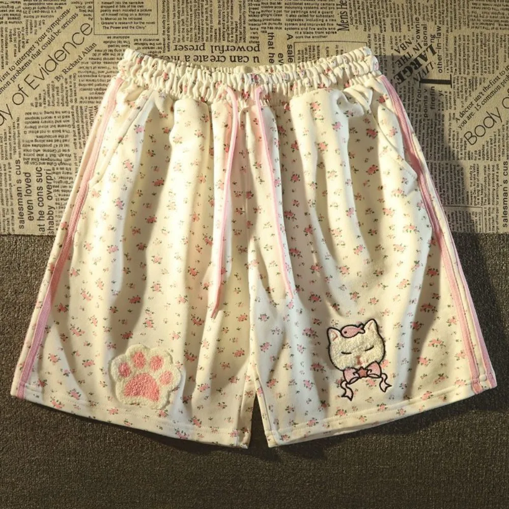 Y2K Japan Lovely Cat Embroidery Flower Pants Knee Length Quarter Pants Loose Sporty Students E-girl Women Shorts Harajuku Summer