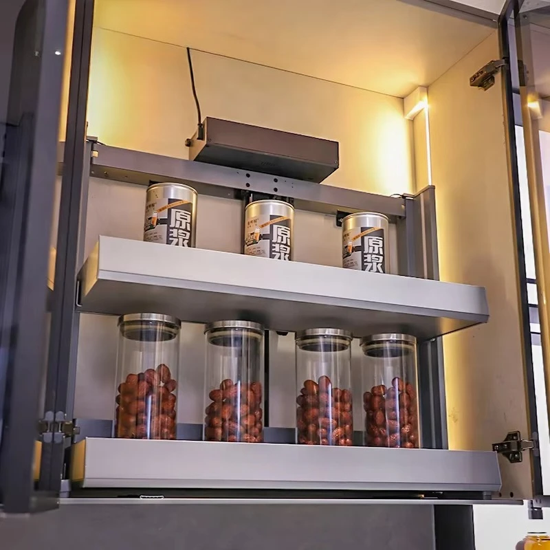 Vitafurni Modern Aluminum Smart Vertical Lift Electric 2-Tier Pull-Down Kitchen Cabinet Storage Organizer System