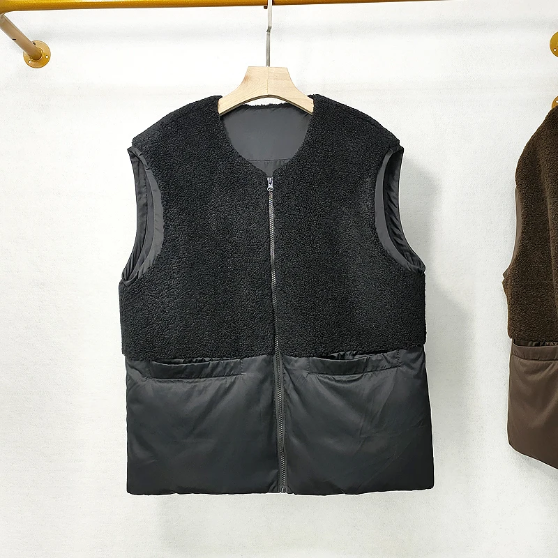 

Autumn Winter Lightweight Fluffy Patchwork down Vest Women Loose round Ne Svel Trendy Outerwear Polyester Fiber