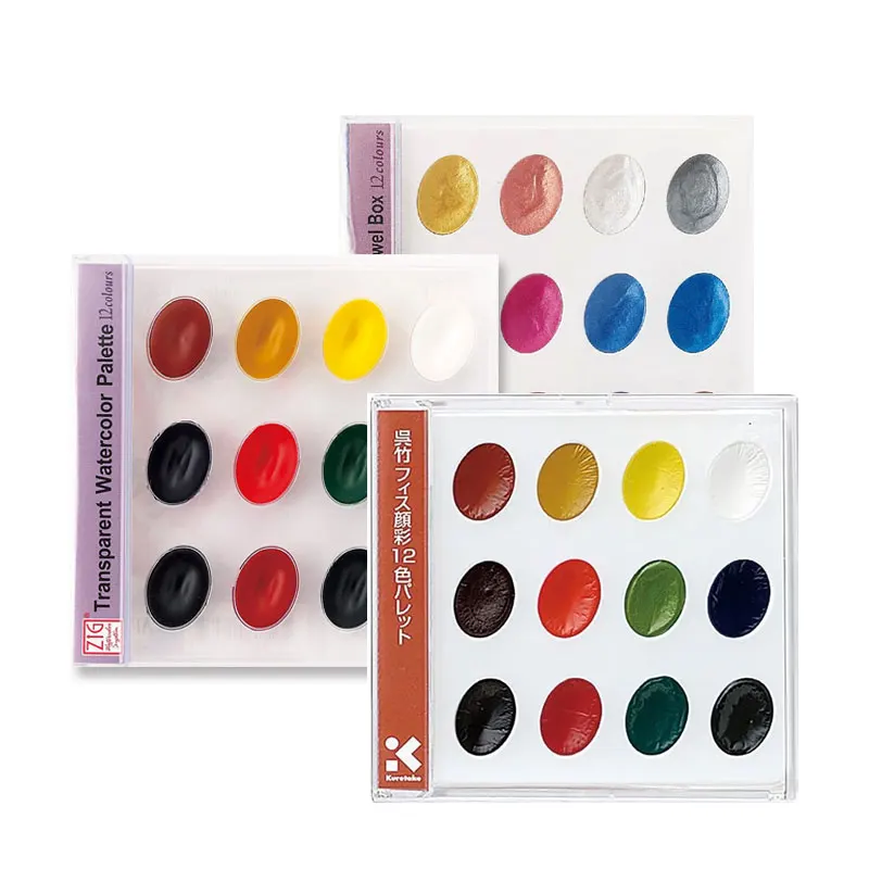 Japan Kuretake Solid Watercolor CD Case 12 Colors Travel Set Transparent Basic Pearlescent Watercolor Paint Art Supplies