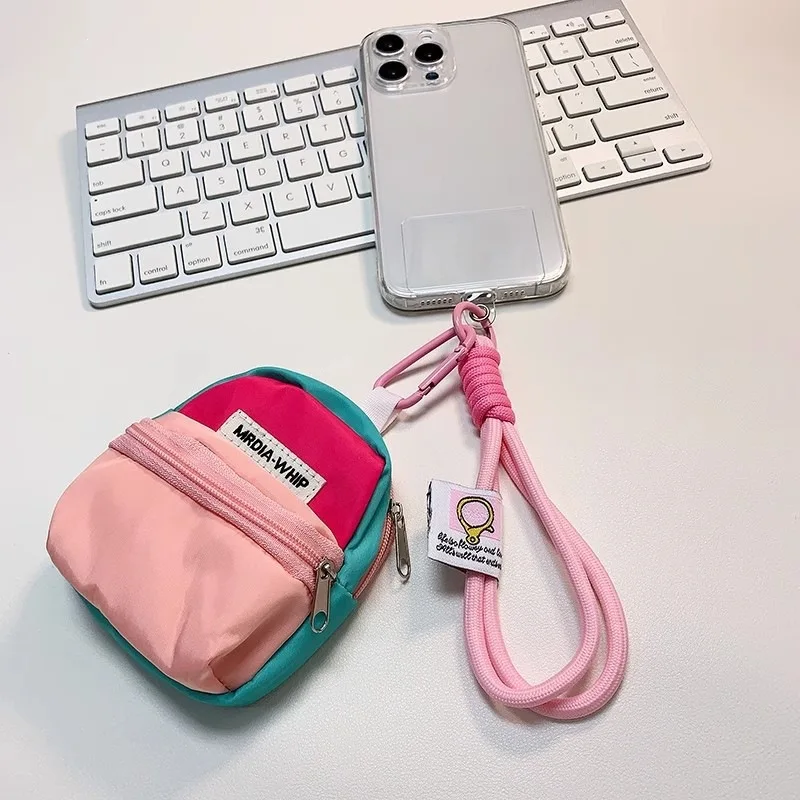 Color Block Mini Backpack Keychain Nylon Earphone Bag Portable Coin Purse Card Holder Key Charm Mini Wallet Bag Headphone Bag