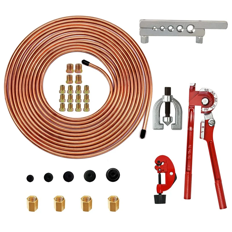 

A040-1/4 Brake Line - Brake Tubing Kit 25 Ft. With 16 Inverted Flare Fittings And 4 Unions+Double & Single Flaring Tool Kit