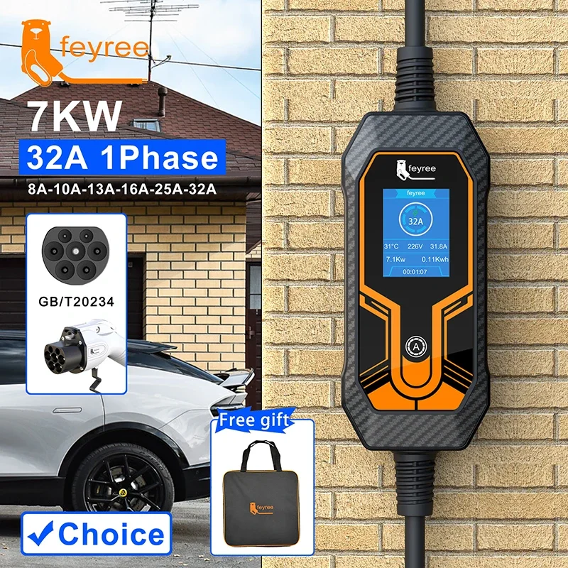 

feyree Portable EV Charger Wallbox GB/T Cord 7KW 32A 5m Cable 1Phase EVSE Charging Box Charging Station for Electric Vehicle Car