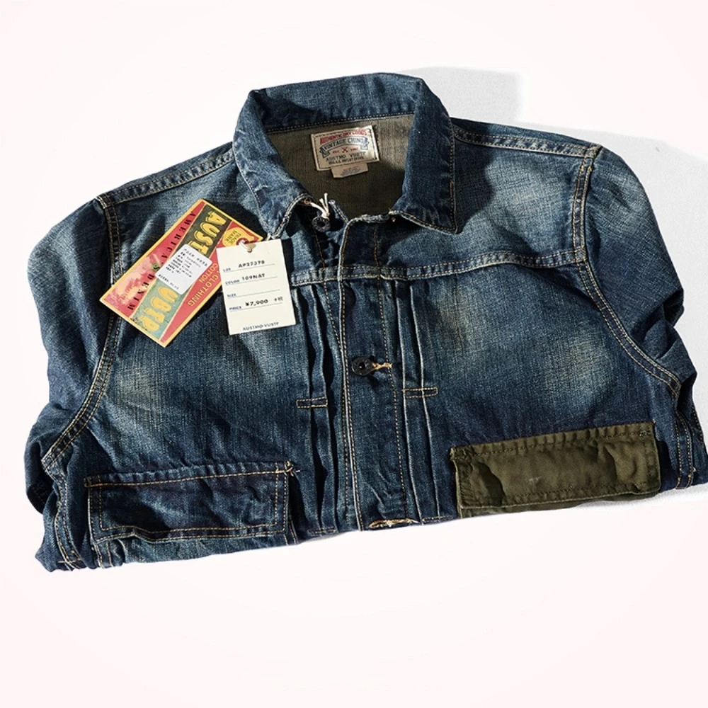 Denim jacket men's retro work jacket contrasting color patchwork Ami Kaji heavy American casual lapel denim jacket
