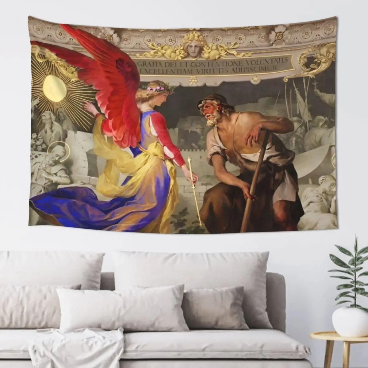 

The Angel and the Farmer Italian renaissance landscape frescoe mural painting art print Tapestry