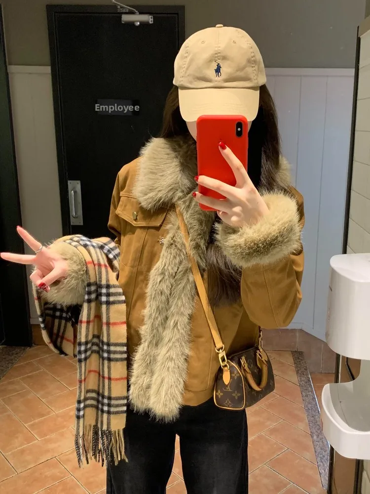 

Korean Ambient Coffee Color Splicing Jaet Women's Winter Cotton Blend Loose Meral Jaet Trendy ort Outerwear