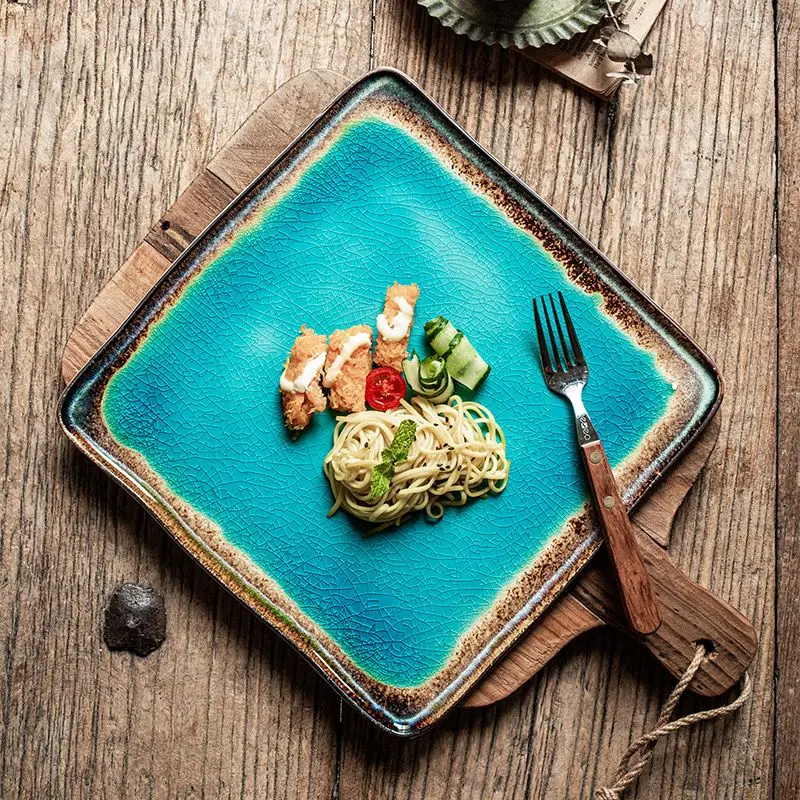 Ceramic Square Plate Simple Household Creative Dinner Plates Kitchen Tableware Retro High Appearance Level Ice-crack Glaze Plate