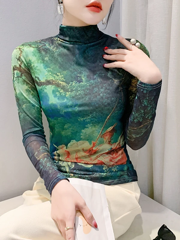 Bedrucktes Me Base irt Damen Long Sve High Collar Herbst Winter Faionable Inner Wear T-Shirt Street Sle Slim Fit Top