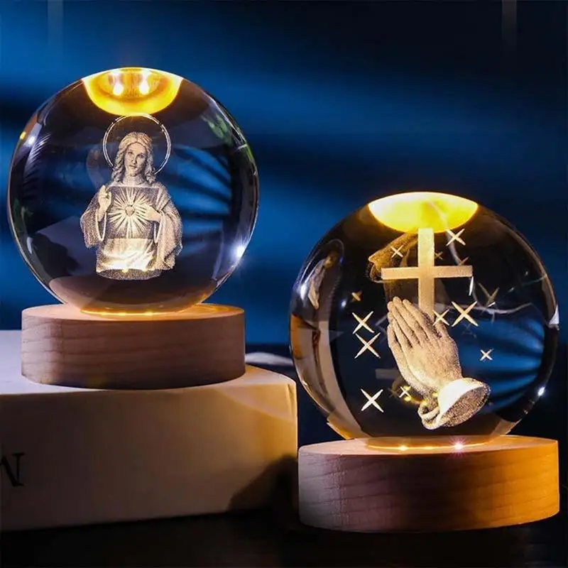 Christian Crystal Ball Night Light 3D Crystal Sphere With LED Light USB Powered Lamp For Bedroom Desk Ornament Christmas Decor