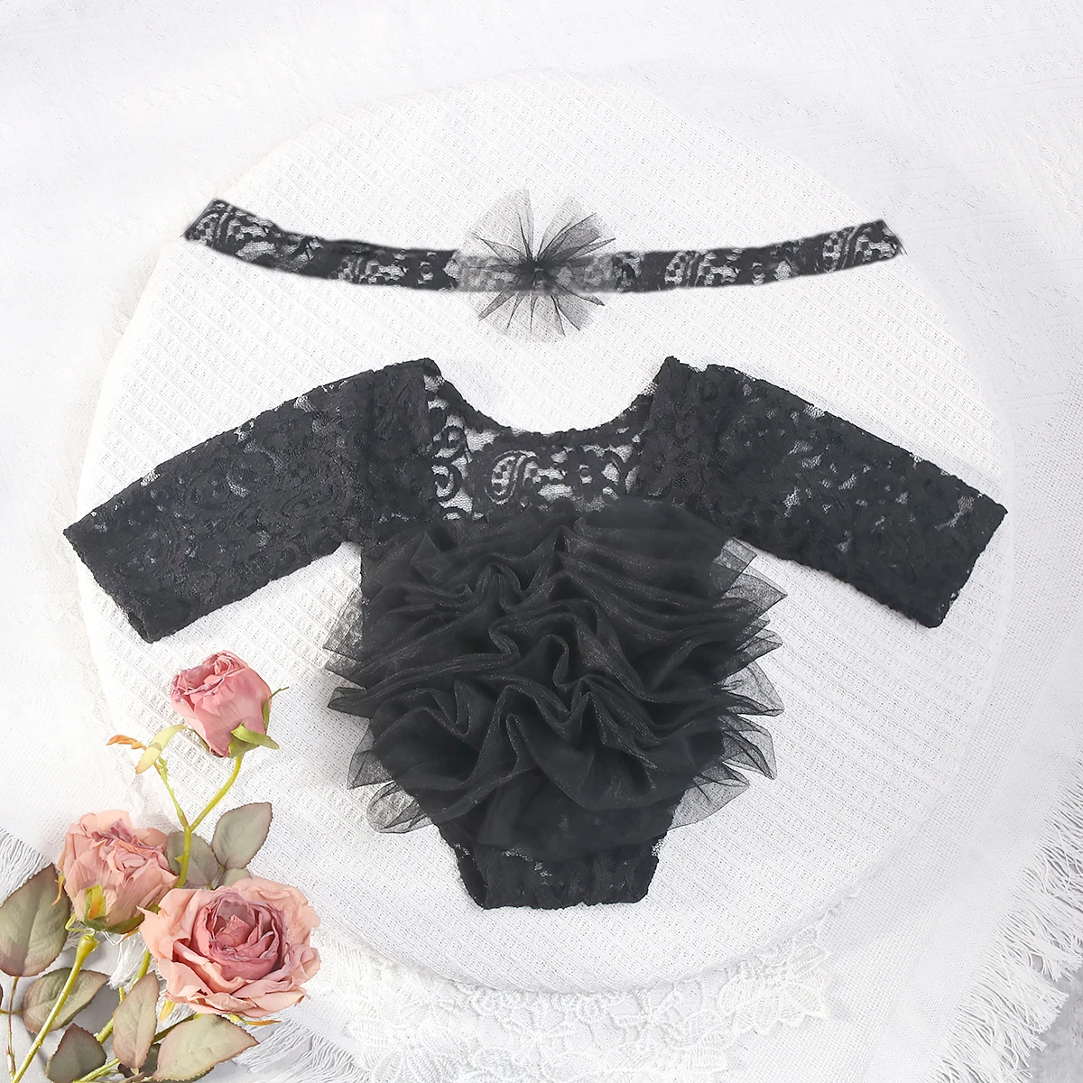 Ylsteed 2-teiliges Set, staubiger rosa Spitzen-Strampler für Neugeborene für Fotoshootings, flauschige Mesh-Spitzen-Fotografie-Outfits mit Stirnband – Detail 39