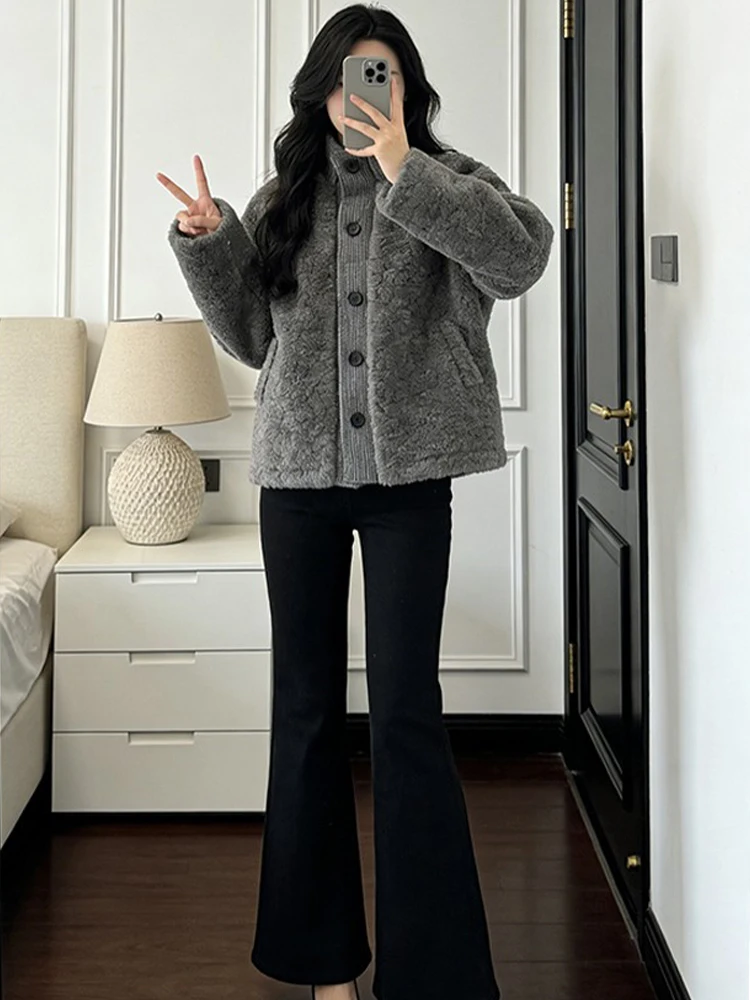 Elegant Grey Lamb Fur Jacket Women's Early Spring Fashion Loose Slimming Warm Top Cleanfit Style Polyester Fiber Long Coat
