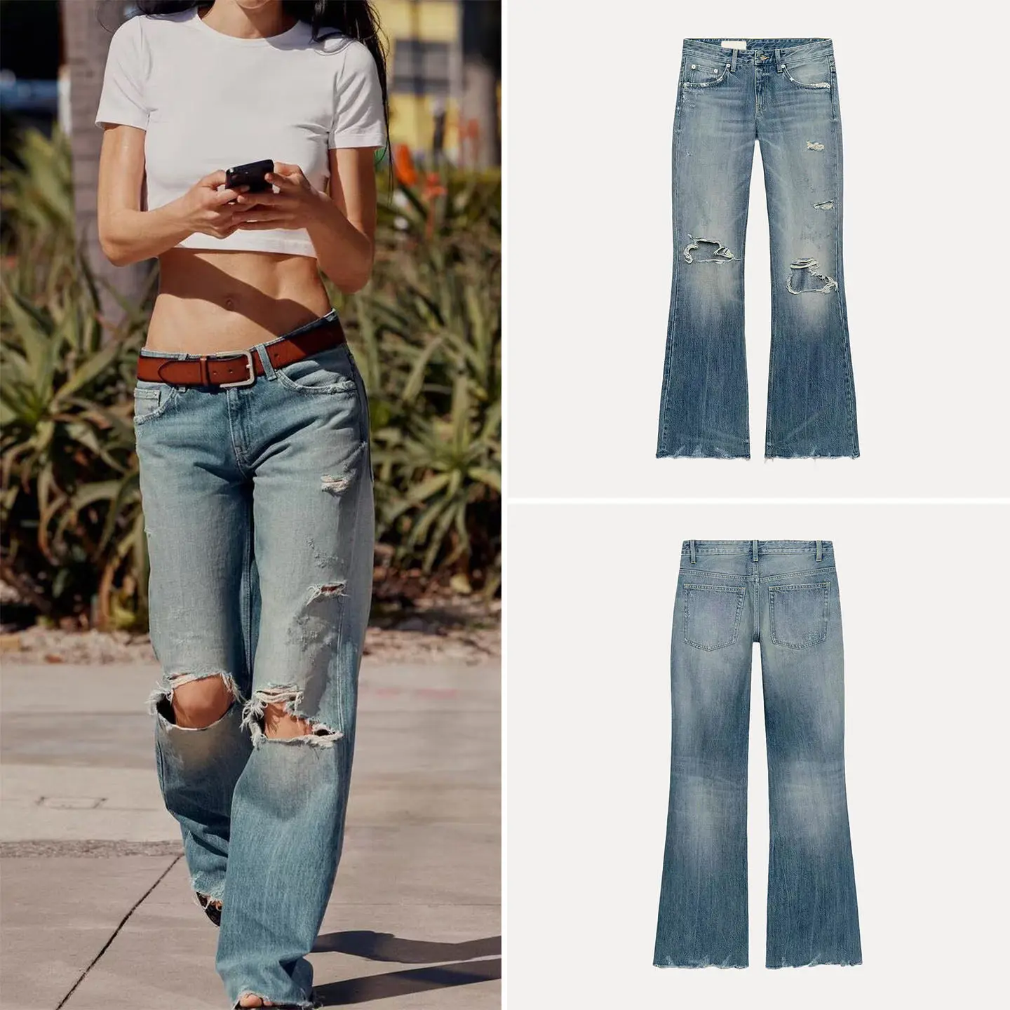 

Casual Decorative Hole Mid-Waist Bell Bottom Jeans Women's Spring 2026 New Style Standard Fit Natural Waist Button Closure