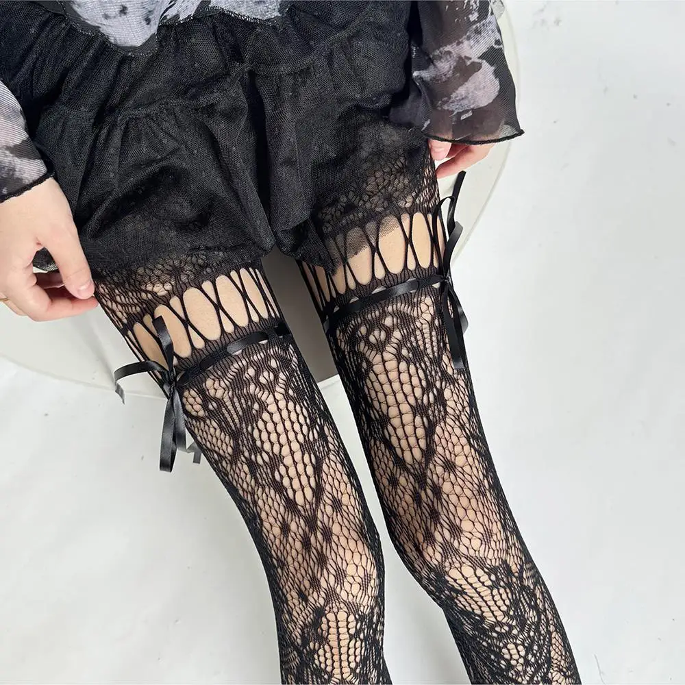 Elegante punk sexy collants laço arco-nó tiras fishnet meias femininas rendas arco cinta meias doce picante menina y2k malha meia-calça