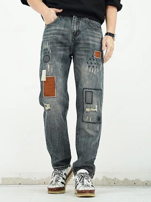 

Retro American Sle Men's Jeans Spring 2026 Loose Straight Legged Trendy Pants Patchwork Hole Design Versatile Casual Wear