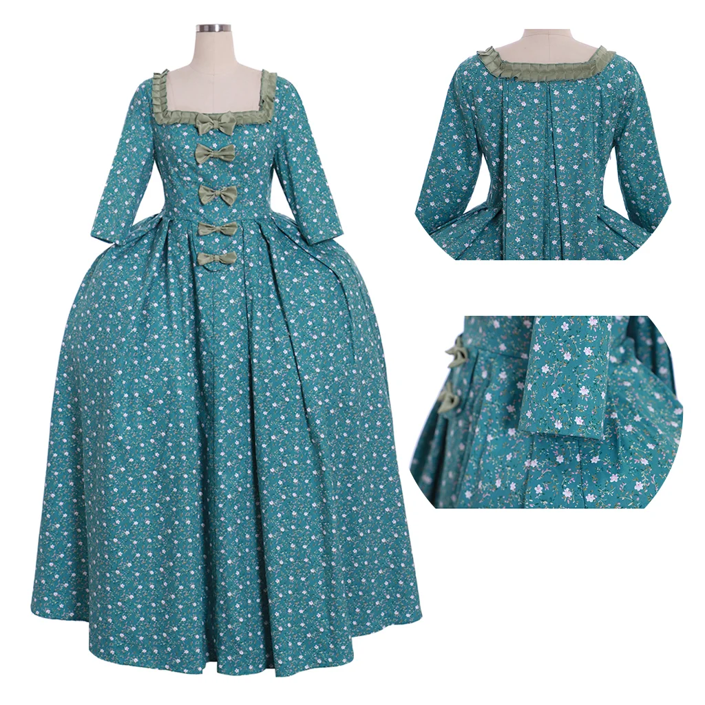 18th Century Victorian Blue Flower Print Princess Dress Prom Tea Party Dress Robe Girls Rococo Costume Cosplay Costume