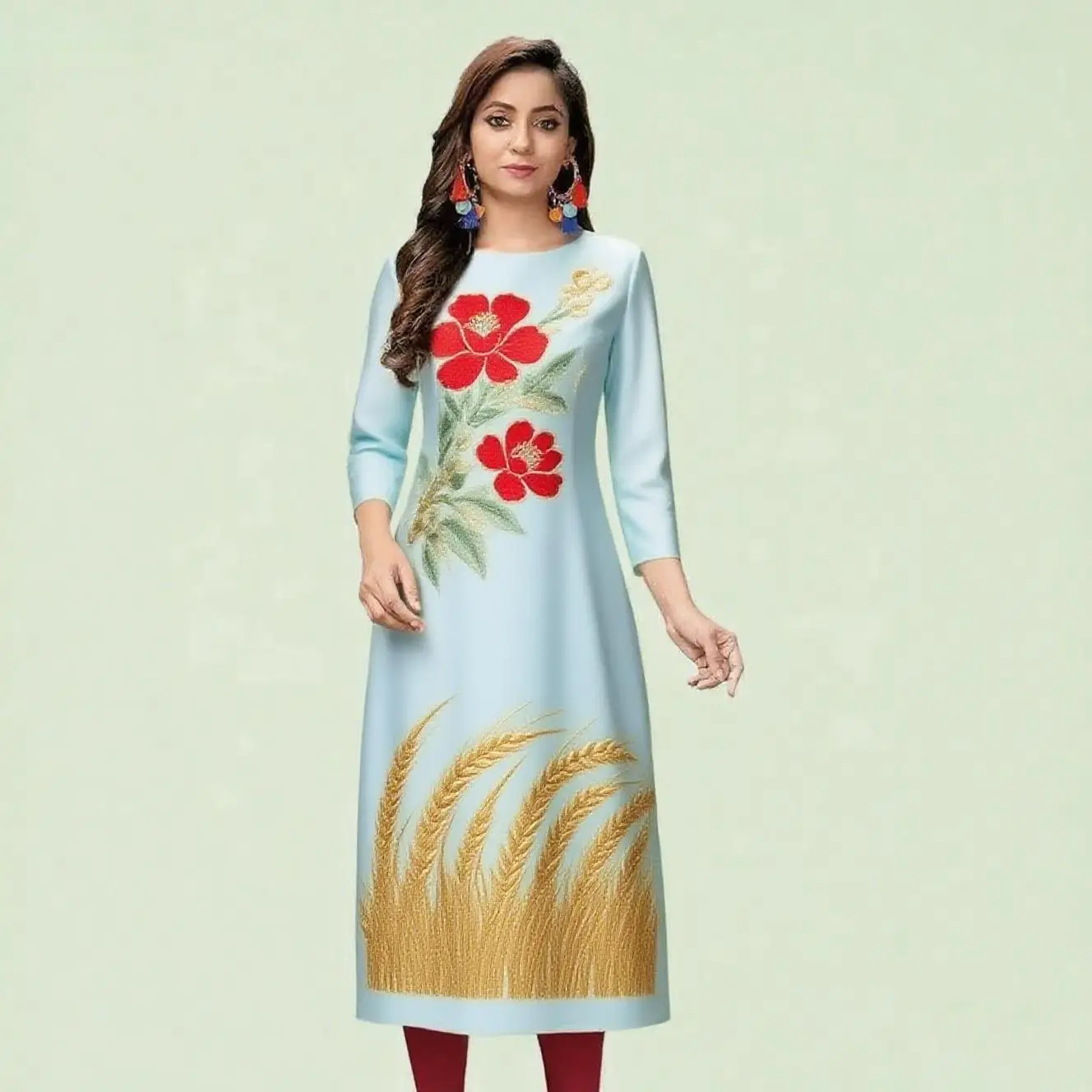 Kurt women's casual fashion dress long sleeved straight tube casual ethnic red flower round neck regular size design sense