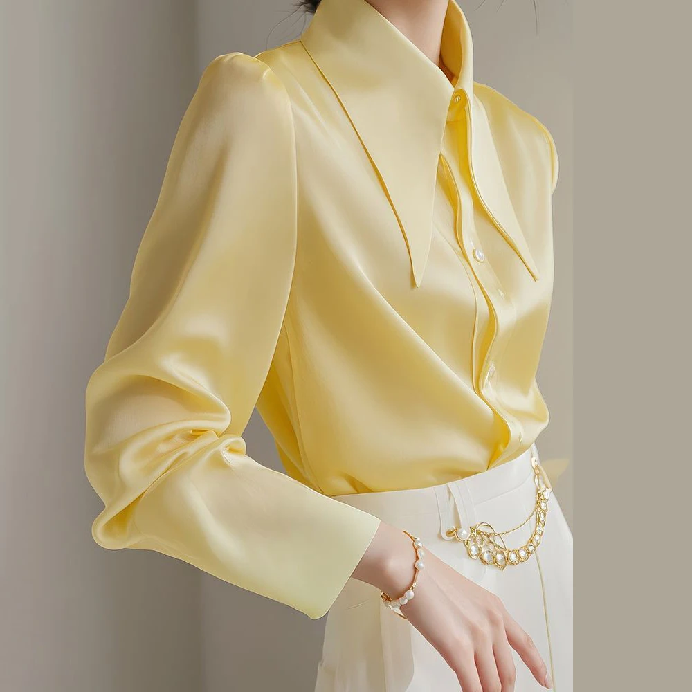 French  yellow big pointed collar long sleeved shirt with a female design , unique, high-end,  spring and autumn