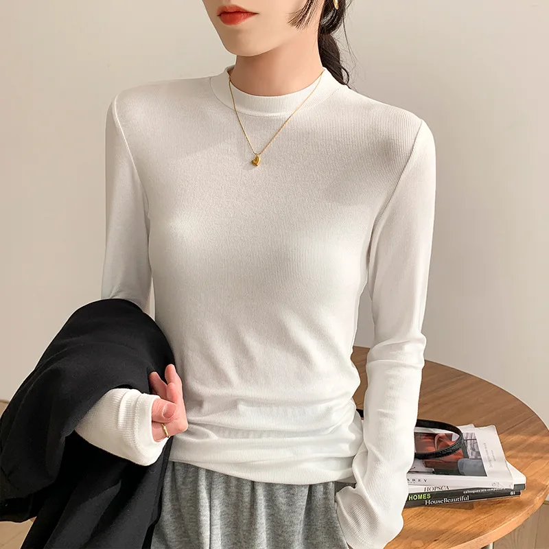 New Autumn and Winter Suits with A Base Shirt Women's Slim Long-sleeved White T-shirt Female Small Stand Collar Blouse