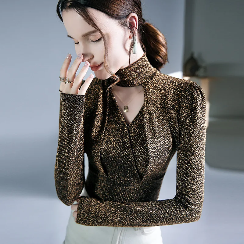 

Fushengji Shiny Long Sleeve Autumn Winter New Halter Neck Top Inner Layer Base Shirt Stylish European Style Small Shirt