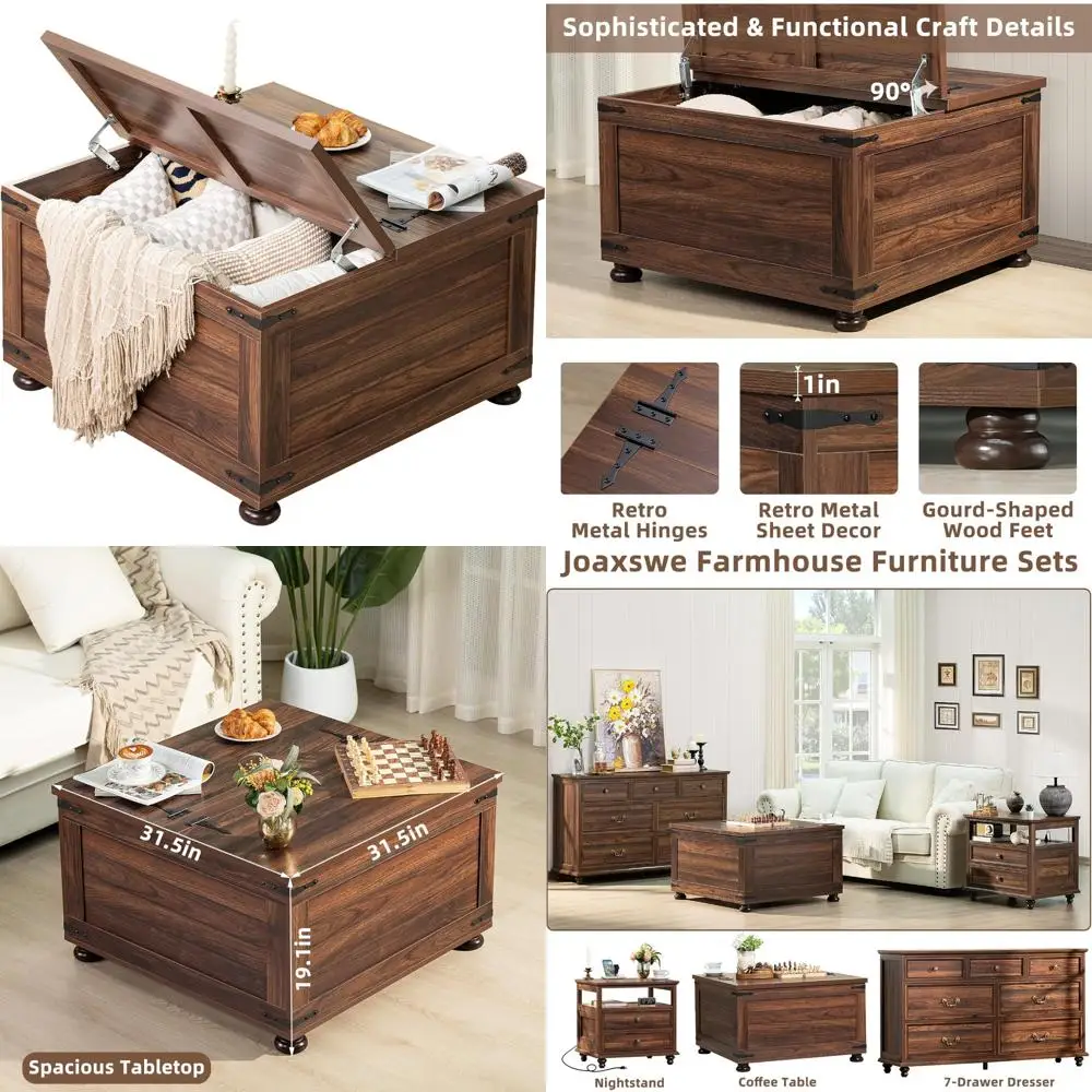 Rustic Farmhouse Coffee Table with Built-In Storage - Large Square Living Room Centerpiece, Vintage Cocktail Table with Flip-Top