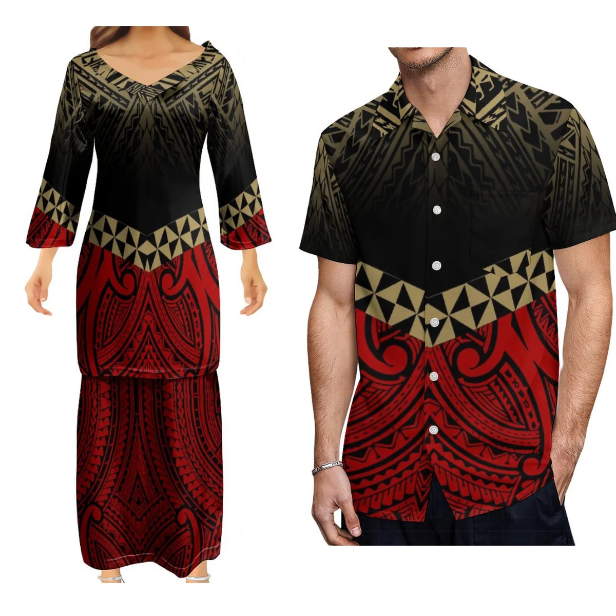 

Women'S Puletasi Dress Fashion V-Neck Dress And Men'S Shirt Polynesian Tribe Design Couple Suit Support Design