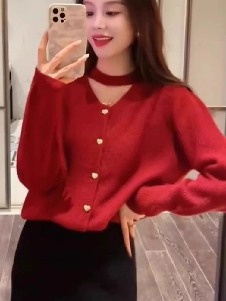 

Повседневный вязаный свитер красного цвета свободного кроя, базовый слой, удобная трикотажная одежда для города, с длинными рукавами, зимняя мода