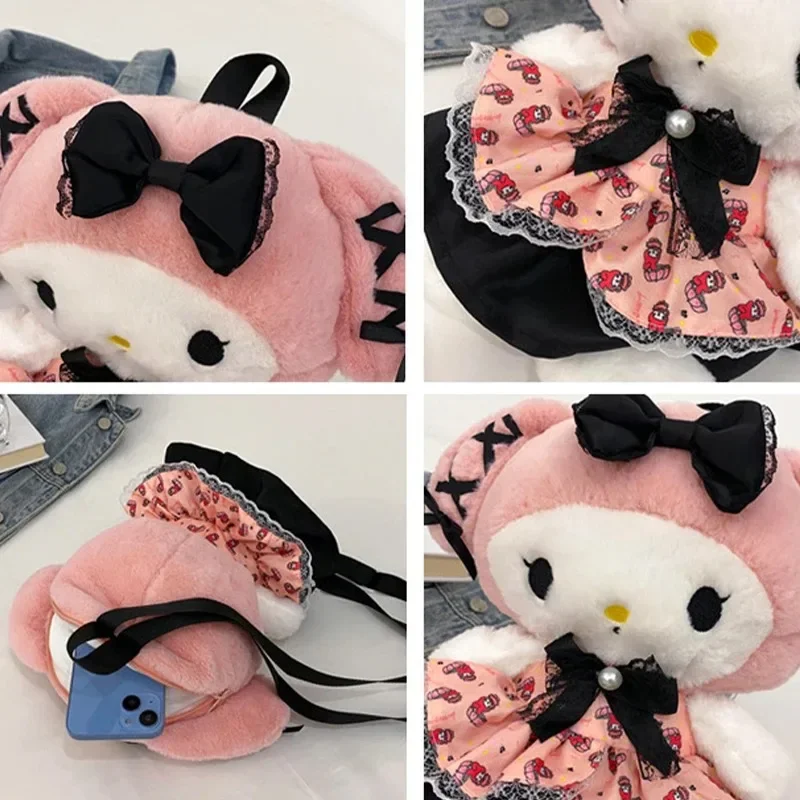 Sanrio Melody Kuromi Furry Handbags Cartoon Anime Lovely Schoolbag Backpacks Stuffed Animal Doll Toys Lolita Style Plush Bags