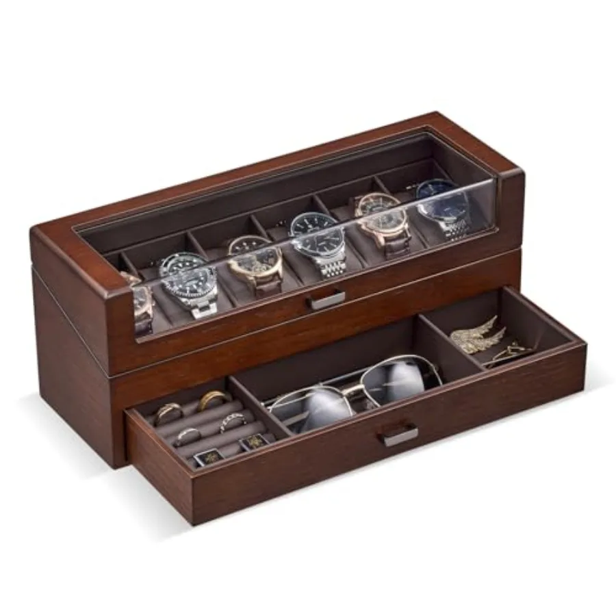Wooden Watch Box for Men Wood Watch Display Case Men's Jewelry Organizer Box with Drawer -6 Slot Walnut