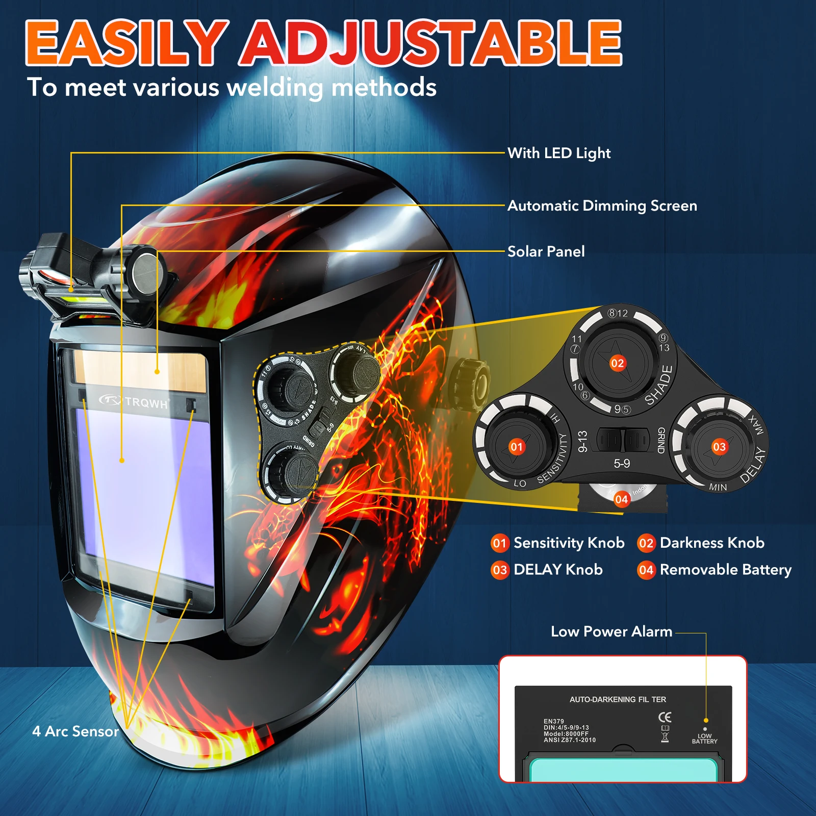 Welding Helmet Auto Darkening with LED Light Solar Powered True Color 4 Arc Sensor Wide Shade 4/5-9/9-13 with Grinding