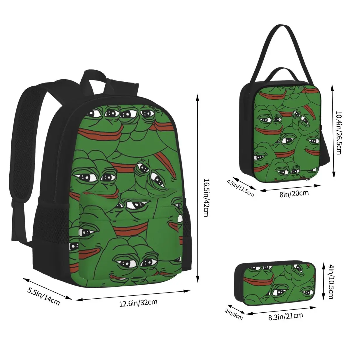 Pepe The Frog Peepo Emote Backpacks Kids Bookbag School Bags Rucksack Lunch Bag Pen Bag Three-Piece Set