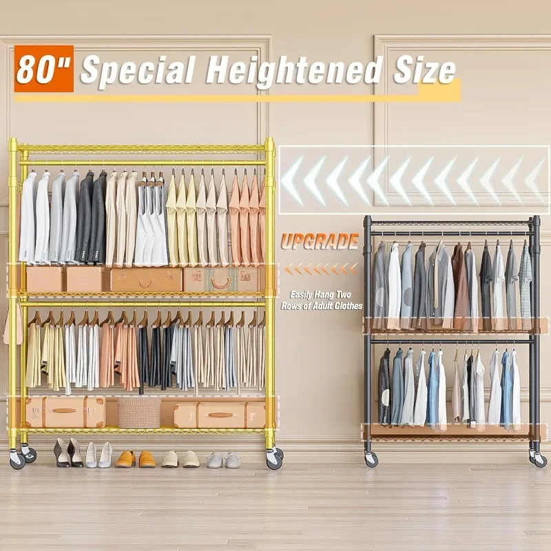 Rolling Garment Rack with Adjustable Wire Storage Racks, Heavy Duty Portable Closet for Hanging Clothes