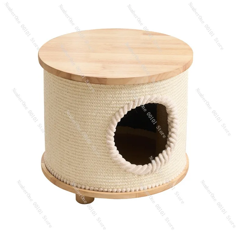 Solid Wood Cat Table Bedside Nightstand Cat House Sisal Scratching Pad Multi Function Pet Furniture For Home
