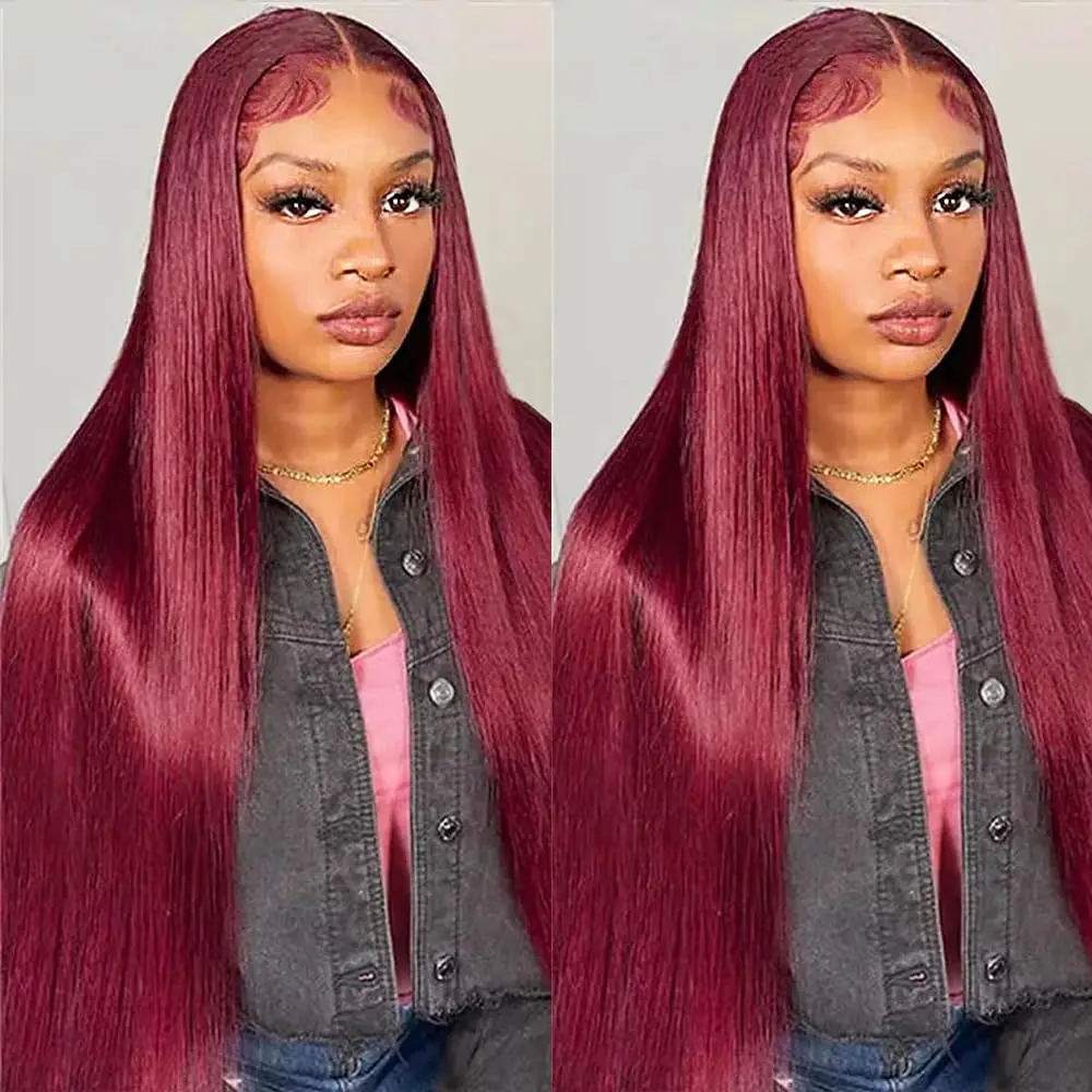 13x4 Lace-Front-Perücken aus Echthaar, 200er Dichte, 13x4 HD Lace Frontal Glueless Perücken aus Echthaar, 30 Zoll, rote Perücken, 99j Burgunderrot, glatt
