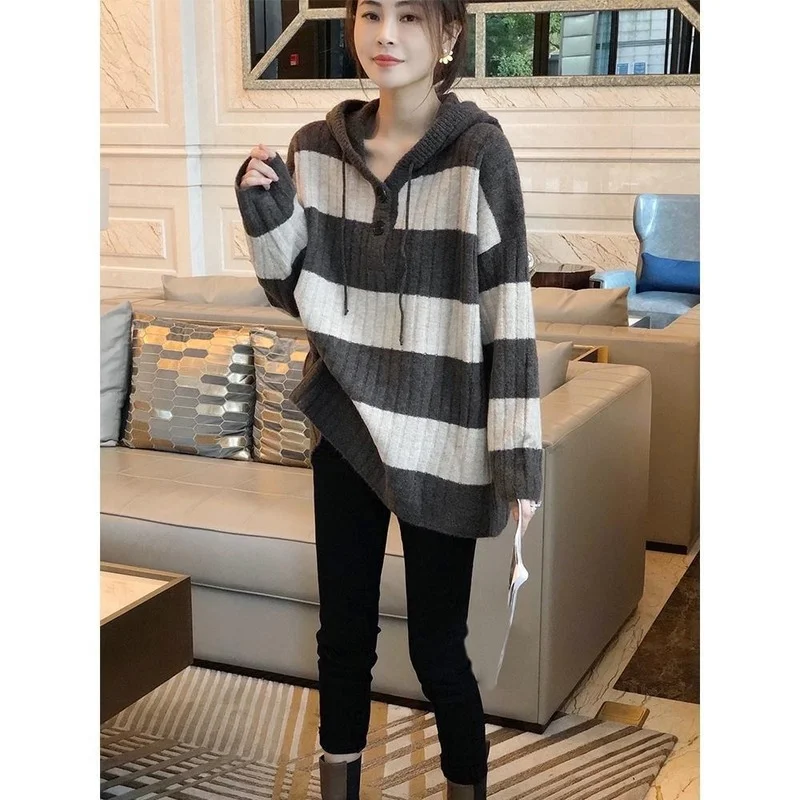 Pullover 2023 European station striped hooded sweater women loose outer wear knitted sweater autumn and winter sweater female