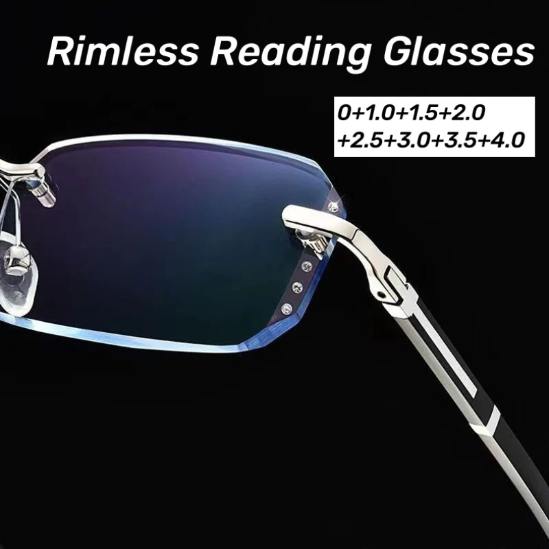 

Men Women Luxury Reading Glasses Unisex Diamond Cutting Rimless Far Sight Eyeglasses Trendy Fashion HD Lens Presbyopia