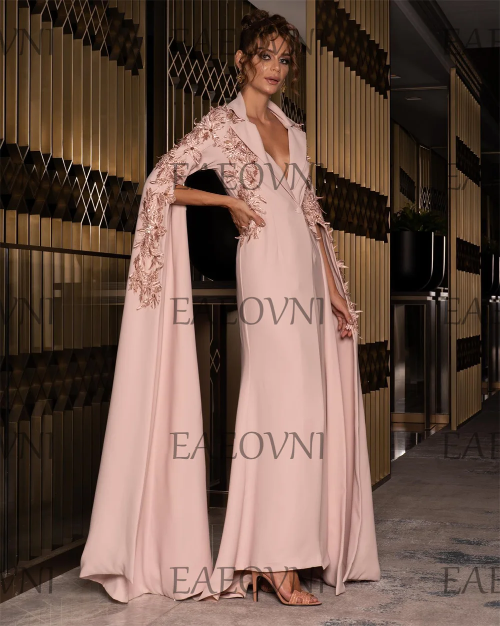 Customized Elegant Evening Gown For Women V-Neck Side High Slit 3D Applique Long Prom Dresses Exquisite Party فساتين مناسبة رسم