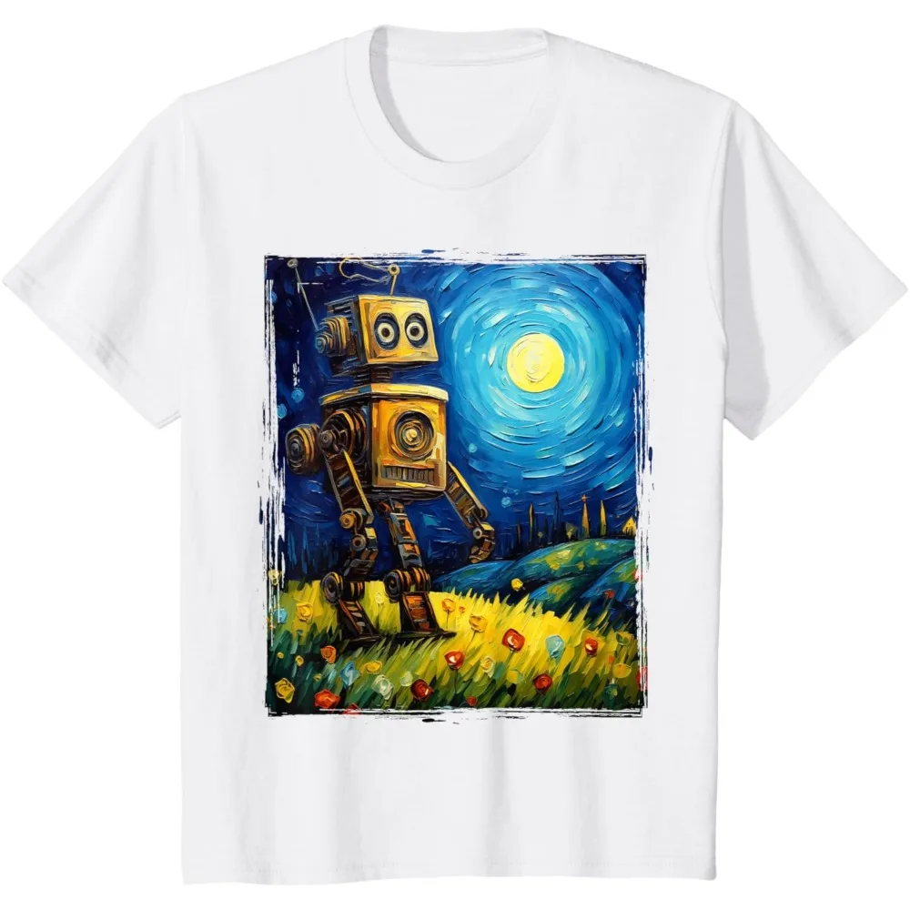 Vintage Robot Art Van Gogh Toy Robot Builder Robotics T-Shirt Man Clothes Funny Print  Round Neck Tshirt Cute Graphic Tees