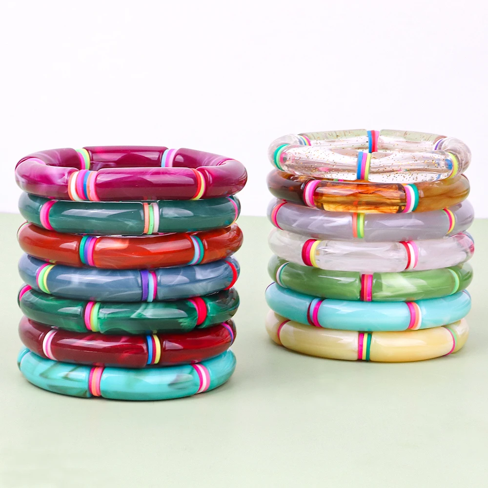 FishSheep 2022 Trendy Acrylic Bamboo Bracelets For Women Boho Resin Elastic Tube Beads Polymer Clay Bracelet Fashion Jewelry